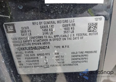 2011 Chevrolet Traverse 2Lt z USA, uszkodzony, nr VIN 1GNKRJED4BJ264214